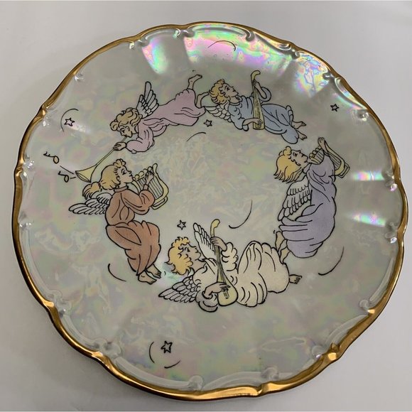 Iridescent White Plate Angels Musical Instruments Gold Trim Artist Signed - Picture 2 of 11